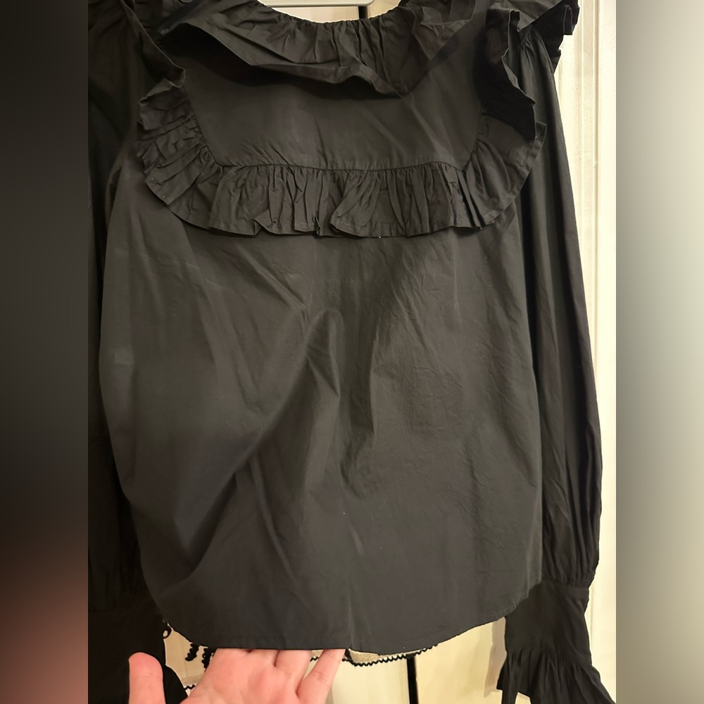 Romantic Ruffle Cotton Blouse - Victorian Smocked Cuff Top - Black Size S - Picture 5 of 8